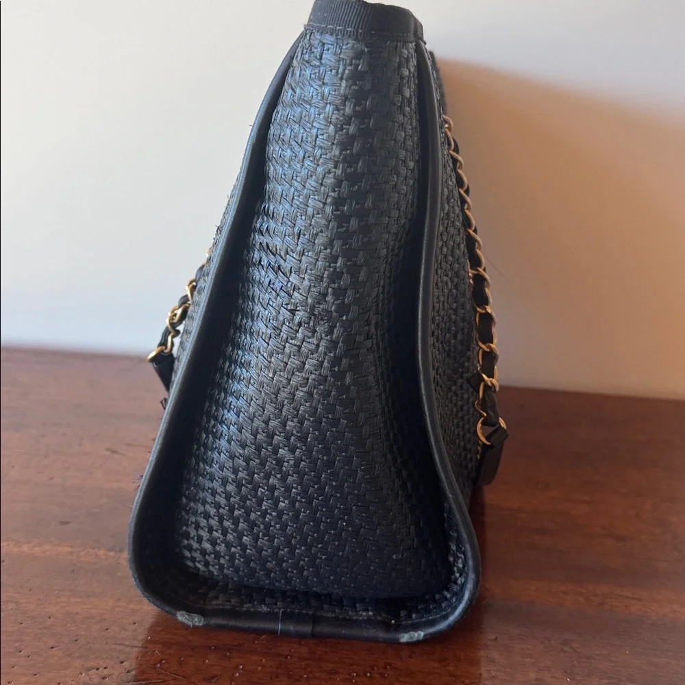 CHANEL Straw Raffia‎ Calfskin Chain Deauville Tote Black